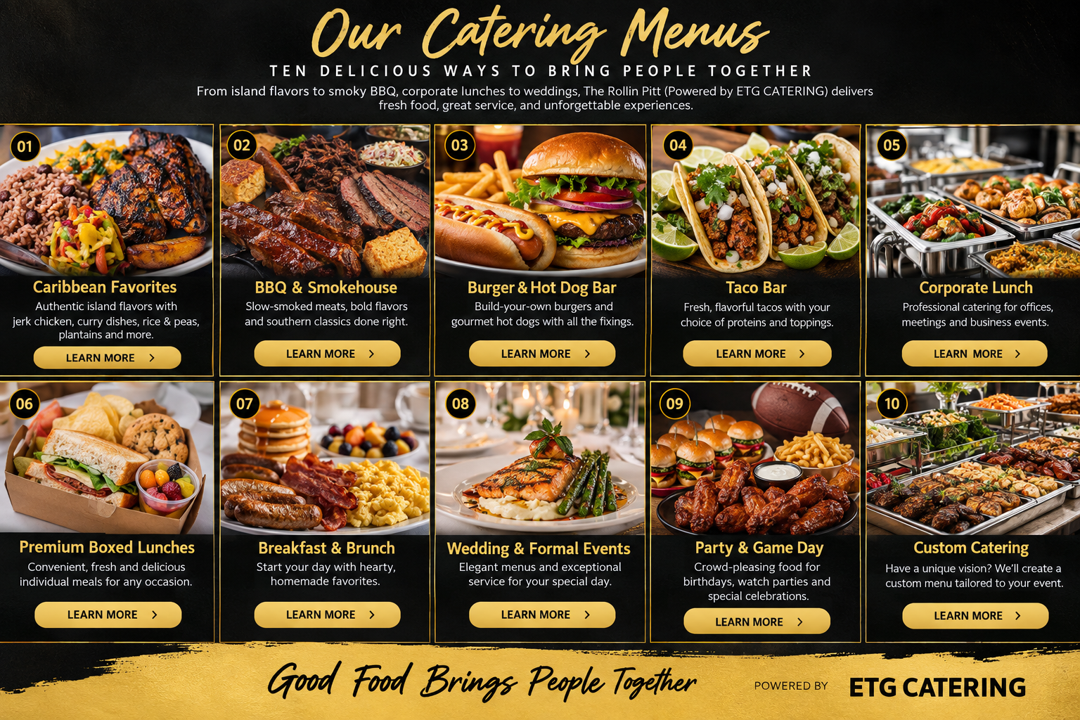 Ten catering menu options from The Rollin Pitt powered by ETG Catering