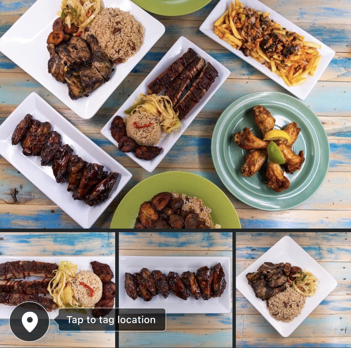A spread of The Rollin Pitt Caribbean and BBQ dishes
